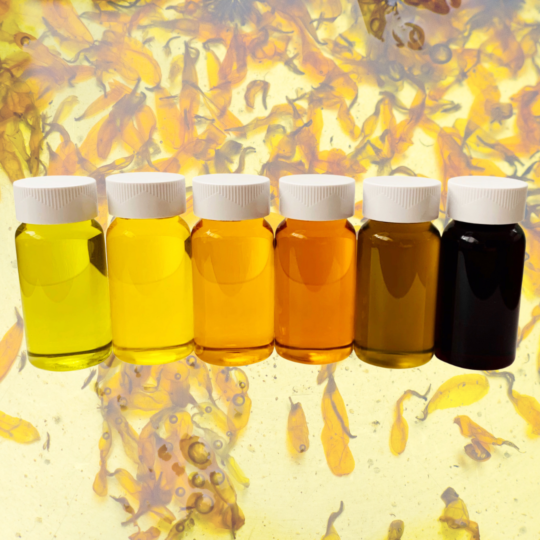 6 herbal infused oils featuring a palette of colours